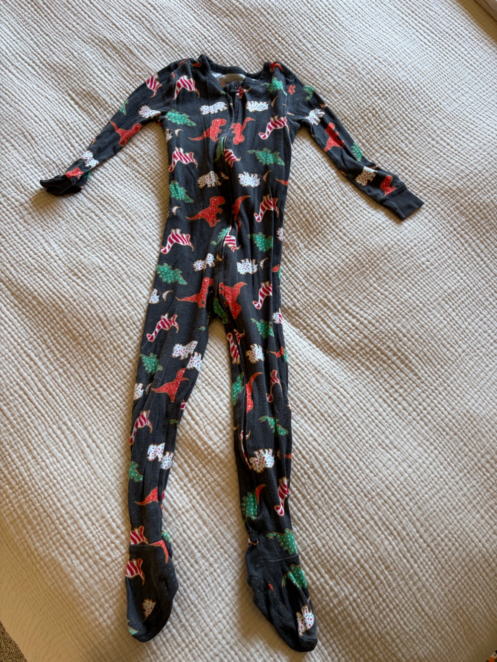 Old Navy Black Holiday Dinosaur Footed Pajamas with Red & Green Print